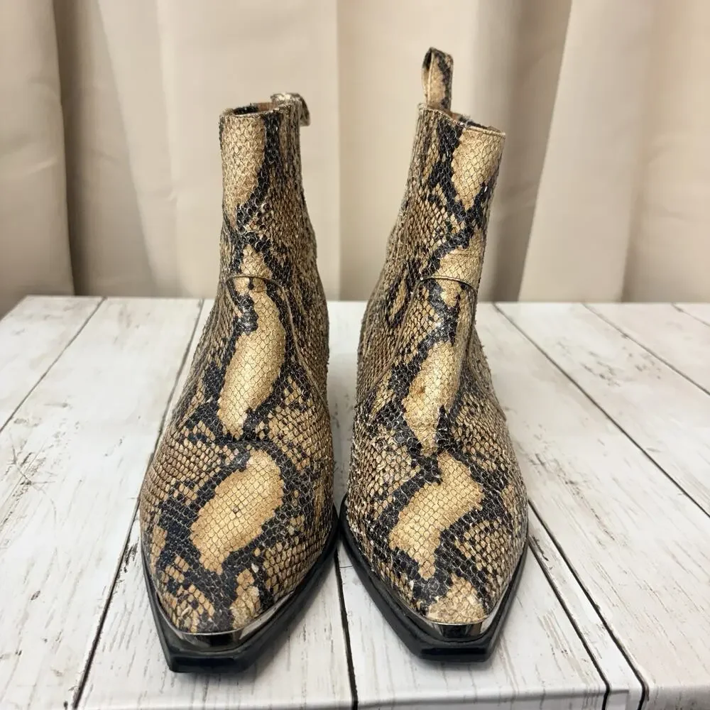 Flattered Snakeskin Boots Tan Black Python Western Ankle Booties EU 38 US 7.5